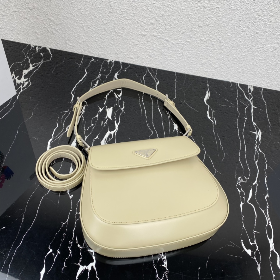 Prada Cleo Brushed Leather Shoulder Bag With Flap Vanilla 1BD303